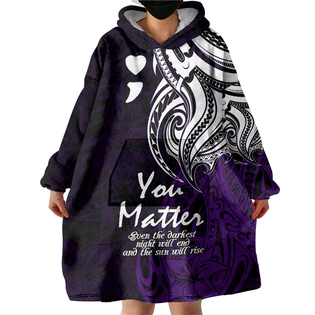 You Matter Suicide Prevention Support Wearable Blanket Hoodie Purple Polynesian Tribal