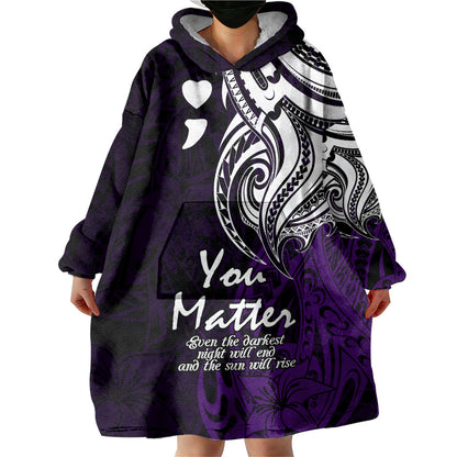 You Matter Suicide Prevention Support Wearable Blanket Hoodie Purple Polynesian Tribal