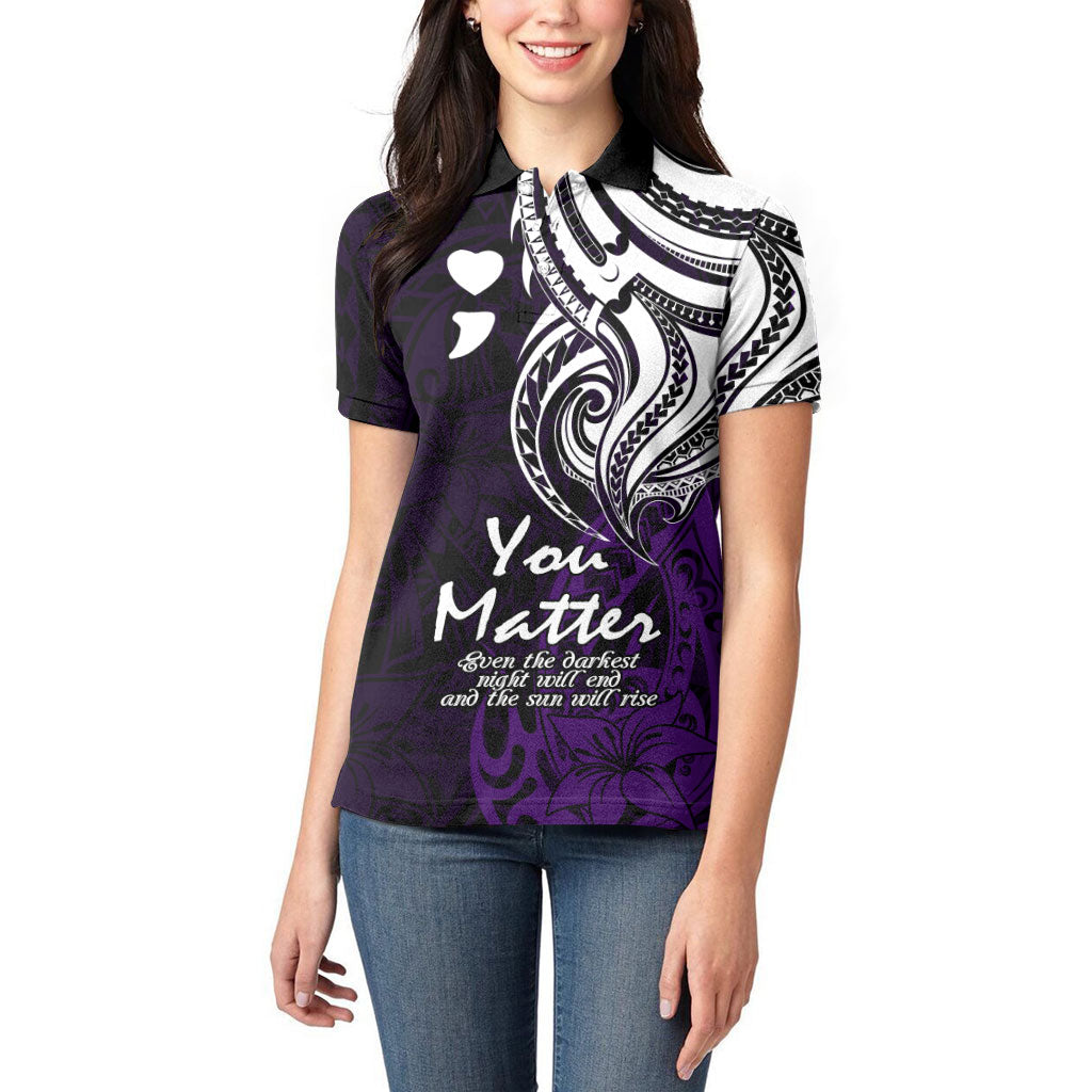 You Matter Suicide Prevention Support Women Polo Shirt Purple Polynesian Tribal