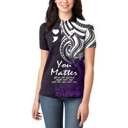 You Matter Suicide Prevention Support Women Polo Shirt Purple Polynesian Tribal