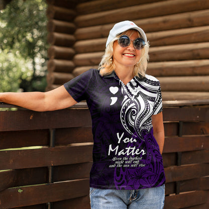 You Matter Suicide Prevention Support Women Polo Shirt Purple Polynesian Tribal