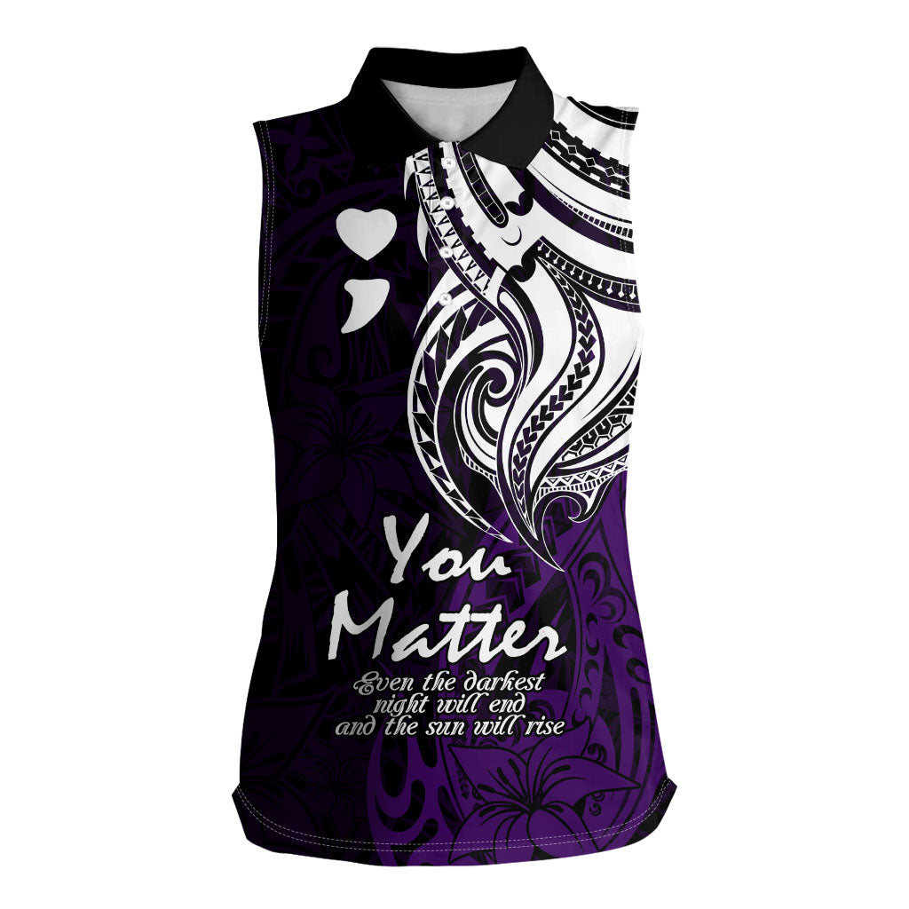 You Matter Suicide Prevention Support Women Sleeveless Polo Shirt Purple Polynesian Tribal