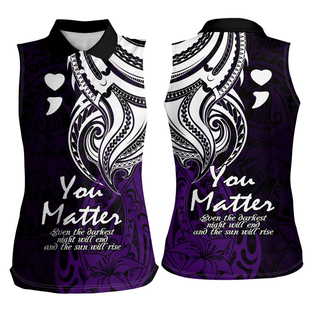 You Matter Suicide Prevention Support Women Sleeveless Polo Shirt Purple Polynesian Tribal