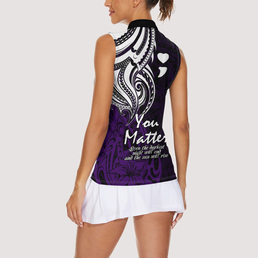 You Matter Suicide Prevention Support Women Sleeveless Polo Shirt Purple Polynesian Tribal