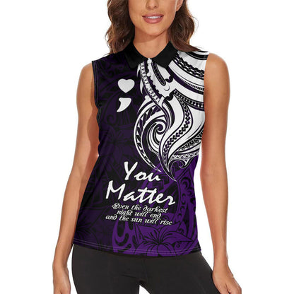 You Matter Suicide Prevention Support Women Sleeveless Polo Shirt Purple Polynesian Tribal