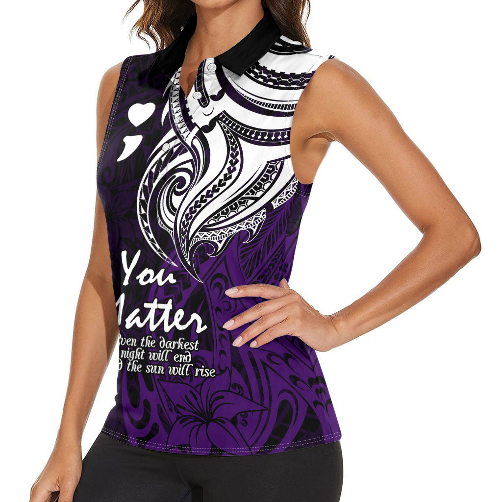 You Matter Suicide Prevention Support Women Sleeveless Polo Shirt Purple Polynesian Tribal