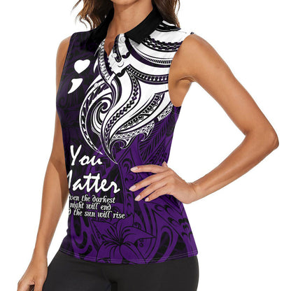 You Matter Suicide Prevention Support Women Sleeveless Polo Shirt Purple Polynesian Tribal