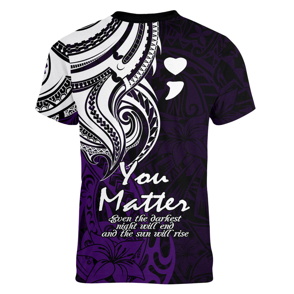 You Matter Suicide Prevention Support Women V-Neck T-Shirt Purple Polynesian Tribal