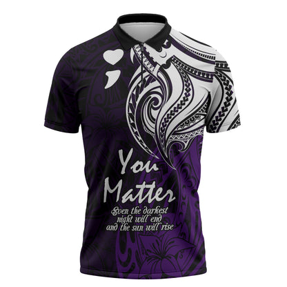 You Matter Suicide Prevention Support Zipper Polo Shirt Purple Polynesian Tribal