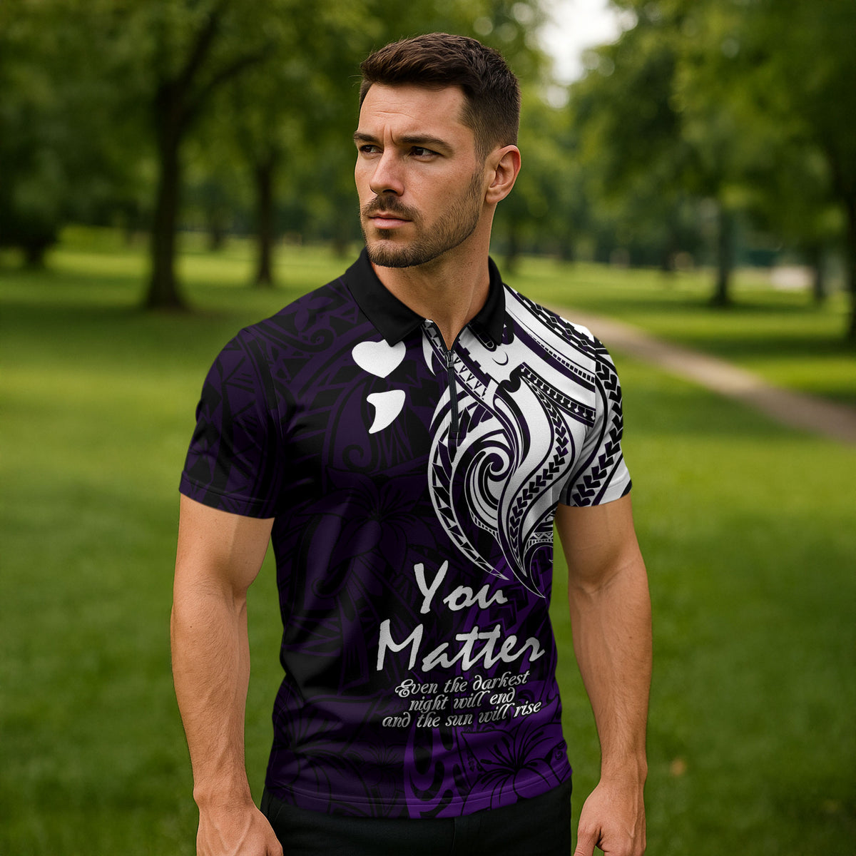 You Matter Suicide Prevention Support Zipper Polo Shirt Purple Polynesian Tribal