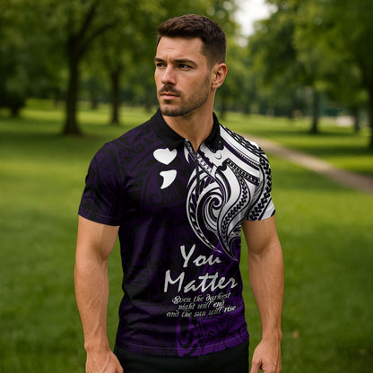 You Matter Suicide Prevention Support Zipper Polo Shirt Purple Polynesian Tribal