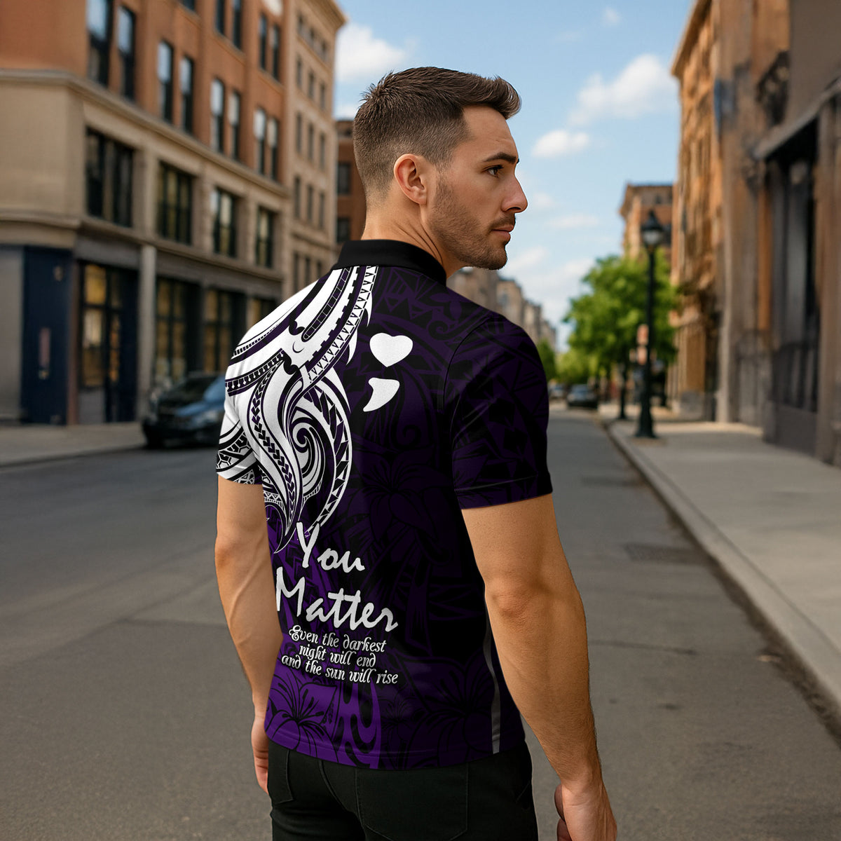 You Matter Suicide Prevention Support Zipper Polo Shirt Purple Polynesian Tribal