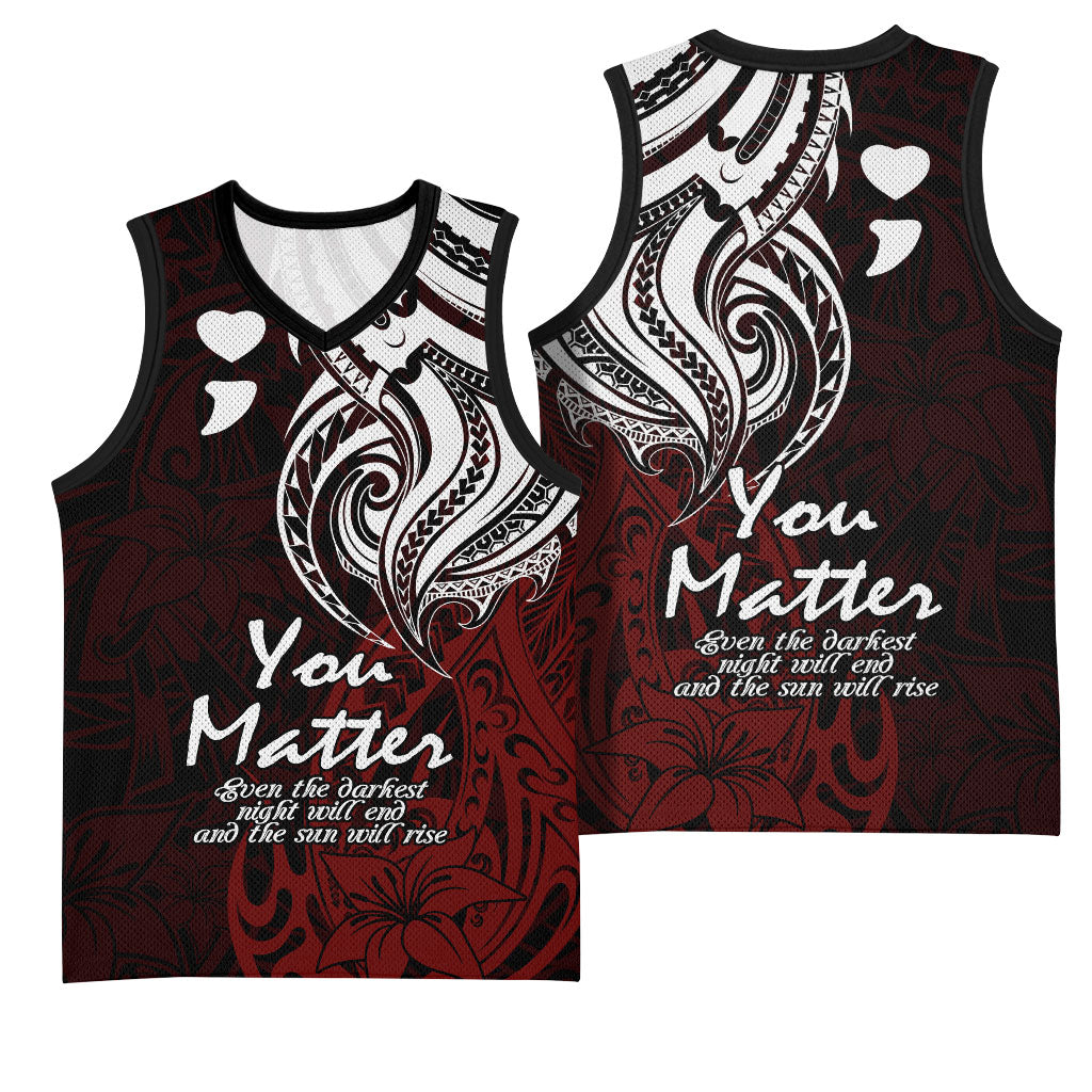 You Matter Suicide Prevention Support Basketball Jersey Red Polynesian Tribal