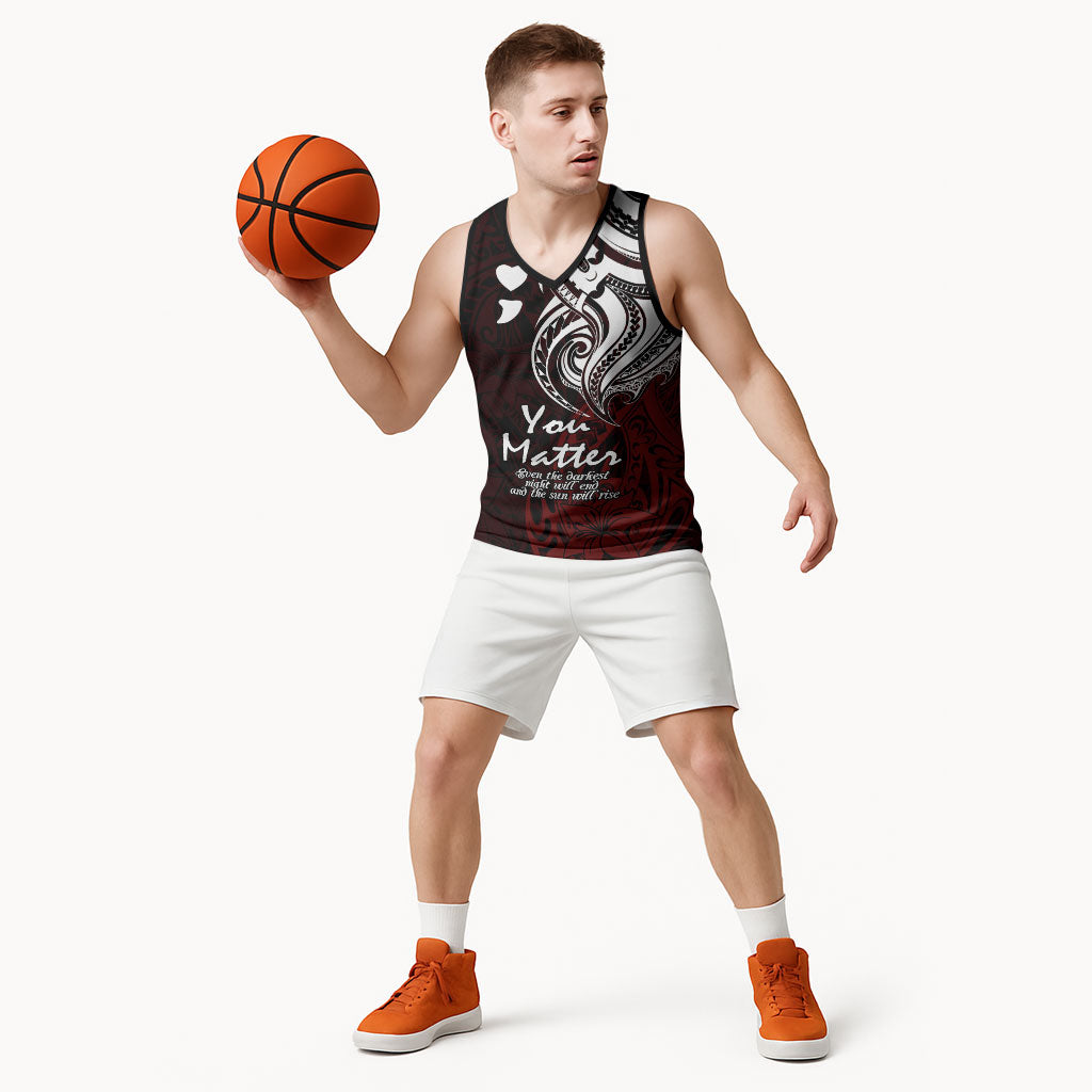You Matter Suicide Prevention Support Basketball Jersey Red Polynesian Tribal