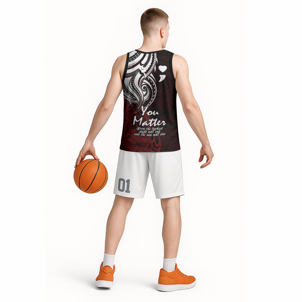 You Matter Suicide Prevention Support Basketball Jersey Red Polynesian Tribal