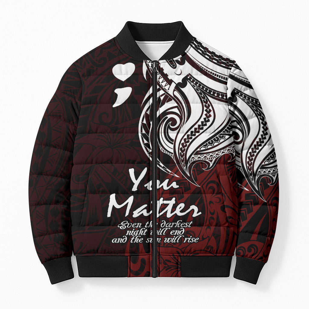 You Matter Suicide Prevention Support Bomber Puffer Jacket Red Polynesian Tribal
