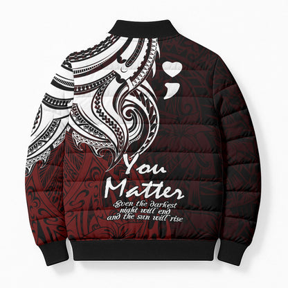 You Matter Suicide Prevention Support Bomber Puffer Jacket Red Polynesian Tribal