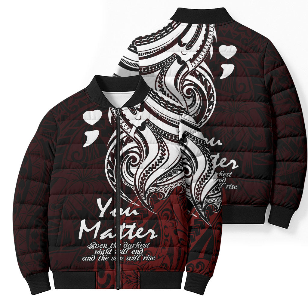 You Matter Suicide Prevention Support Bomber Puffer Jacket Red Polynesian Tribal