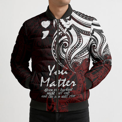 You Matter Suicide Prevention Support Bomber Puffer Jacket Red Polynesian Tribal