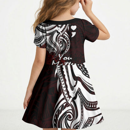 You Matter Suicide Prevention Support Kid Short Sleeve Dress Red Polynesian Tribal