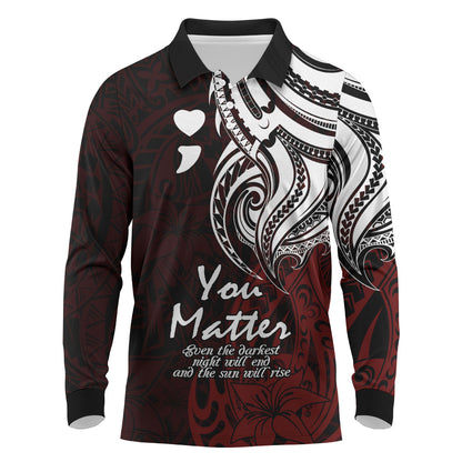 You Matter Suicide Prevention Support Long Sleeve Polo Shirt Red Polynesian Tribal