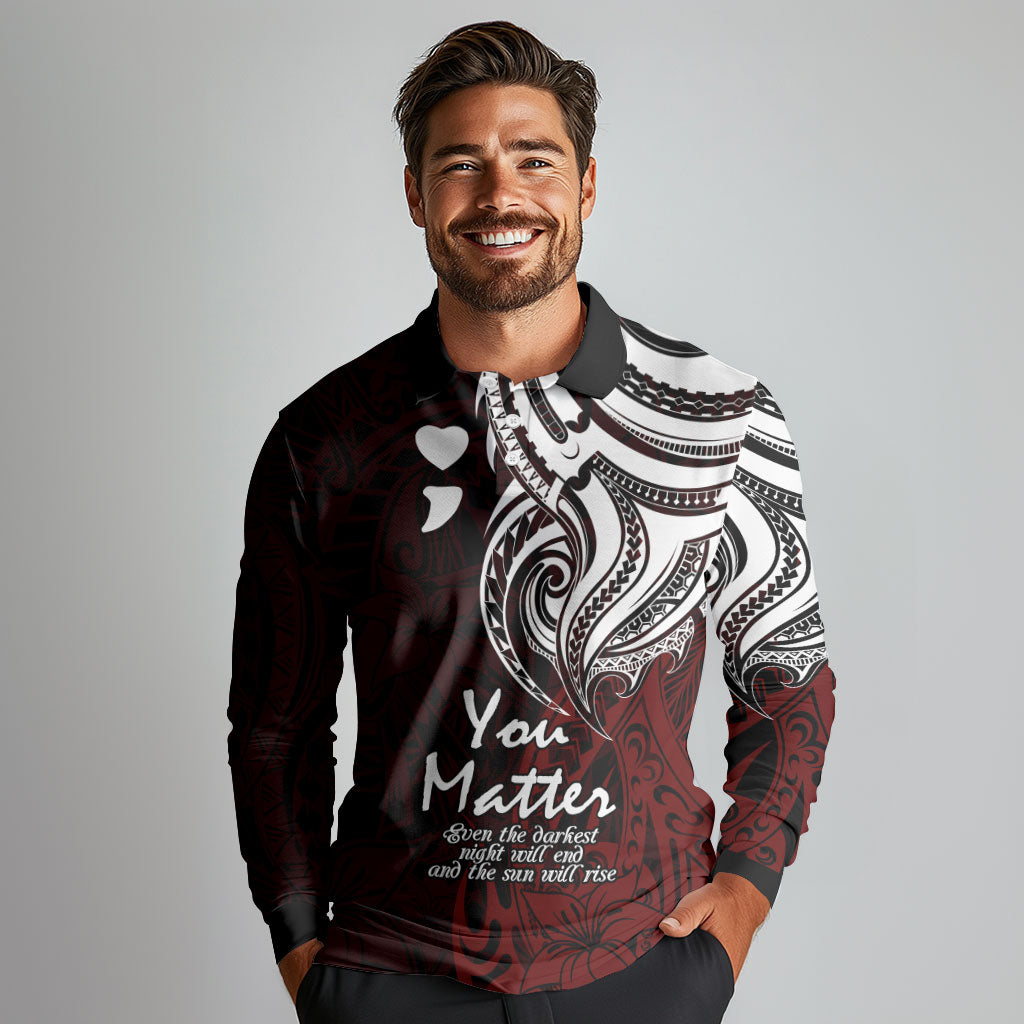 You Matter Suicide Prevention Support Long Sleeve Polo Shirt Red Polynesian Tribal