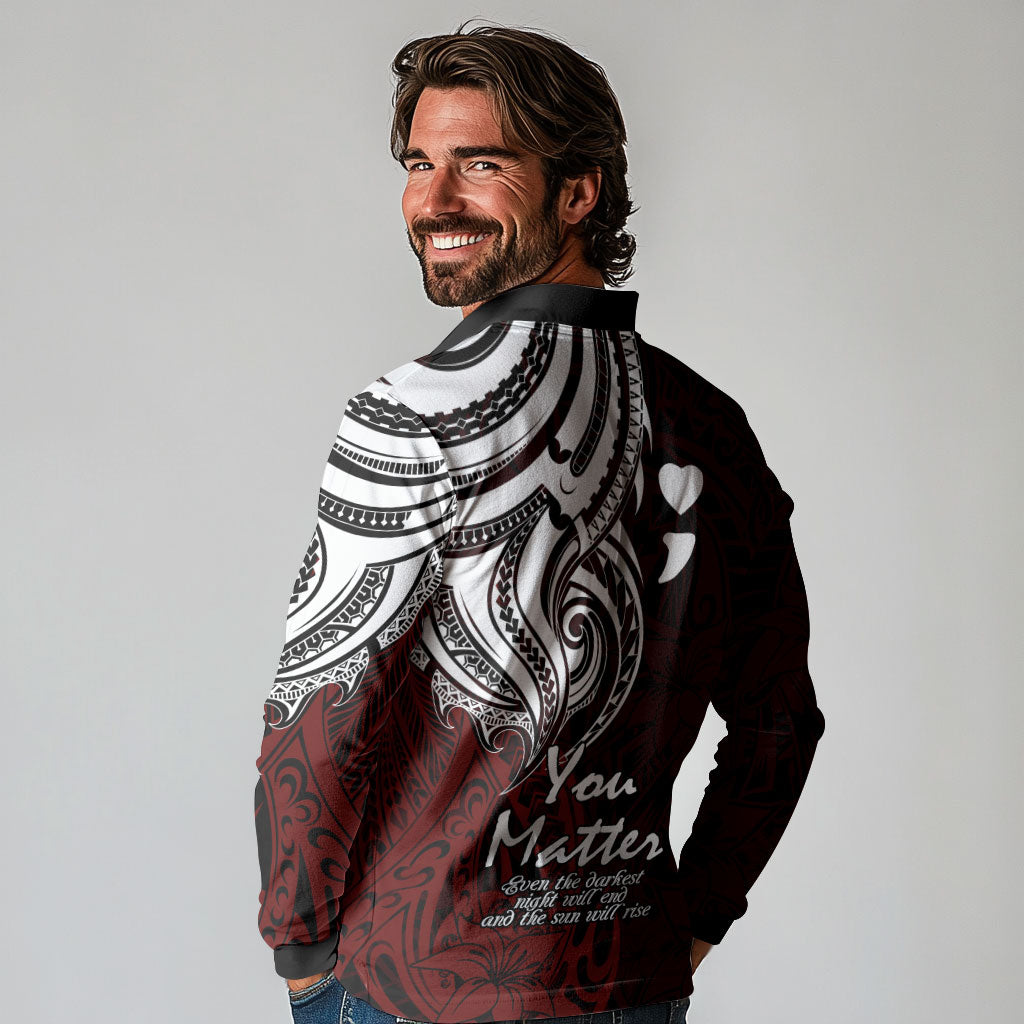 You Matter Suicide Prevention Support Long Sleeve Polo Shirt Red Polynesian Tribal