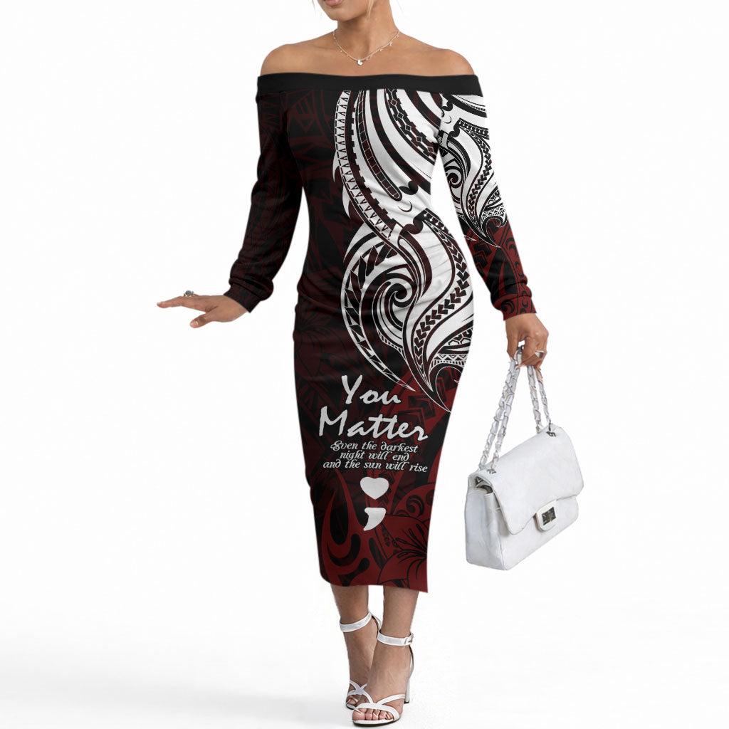 You Matter Suicide Prevention Support Off The Shoulder Long Sleeve Dress Red Polynesian Tribal