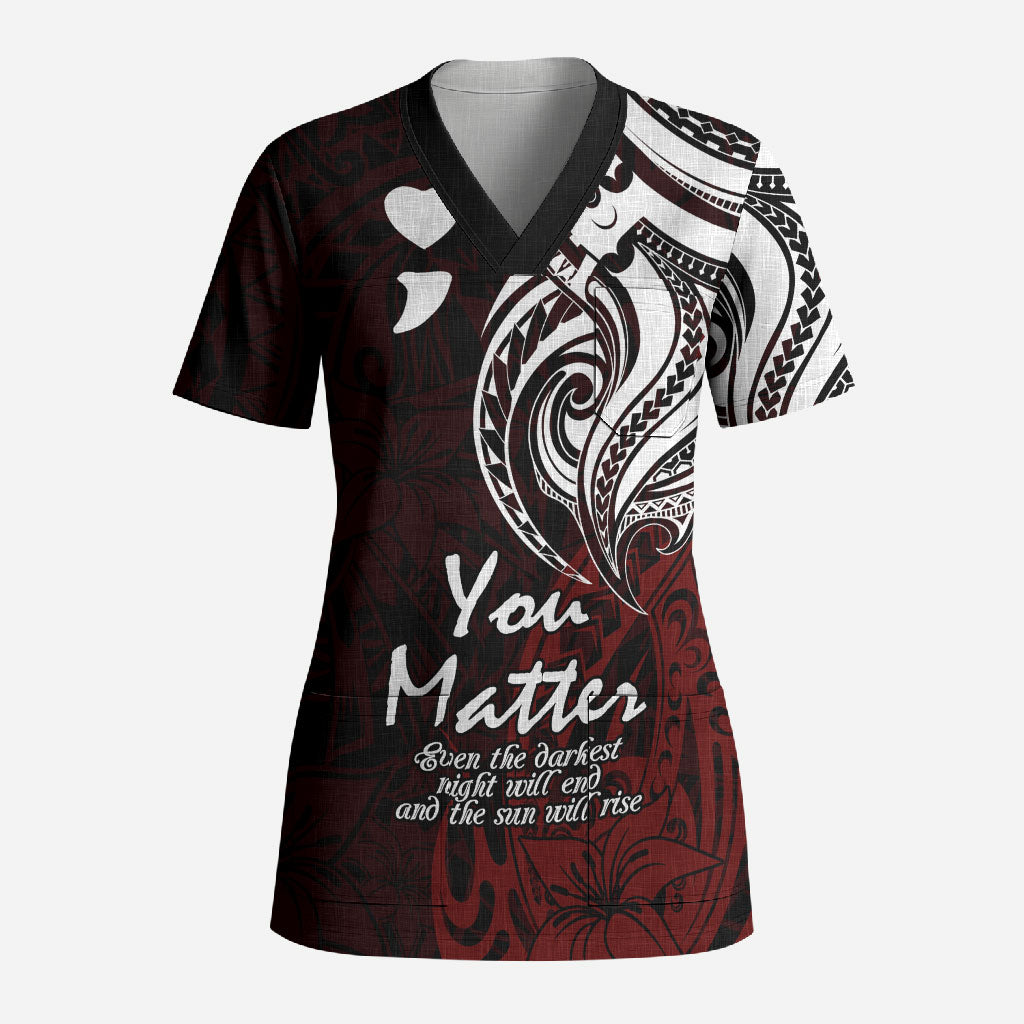 You Matter Suicide Prevention Support Scrub Top Red Polynesian Tribal