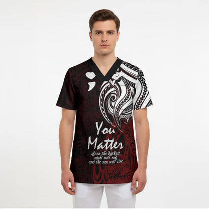 You Matter Suicide Prevention Support Scrub Top Red Polynesian Tribal