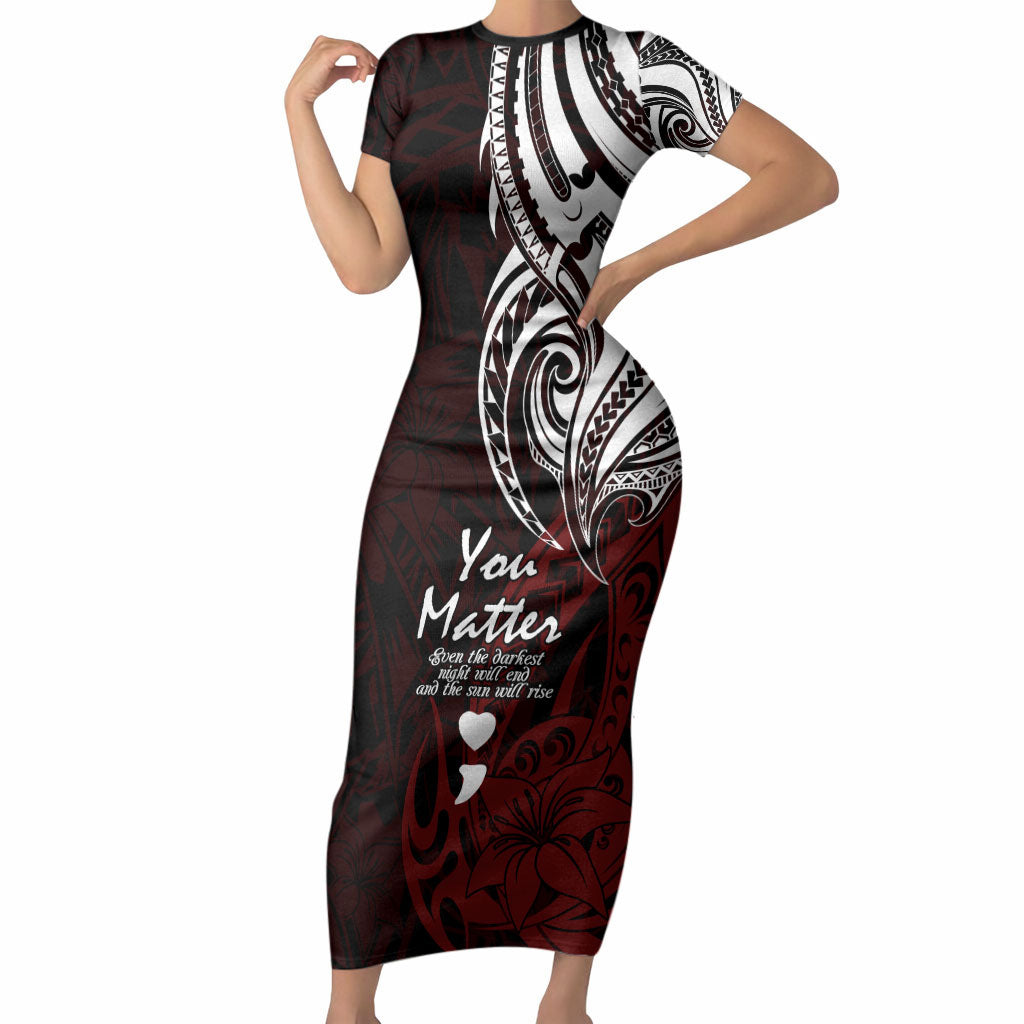 You Matter Suicide Prevention Support Short Sleeve Bodycon Dress Red Polynesian Tribal