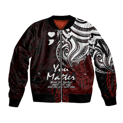 You Matter Suicide Prevention Support Sleeve Zip Bomber Jacket Red Polynesian Tribal