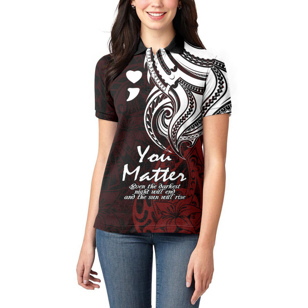 You Matter Suicide Prevention Support Women Polo Shirt Red Polynesian Tribal