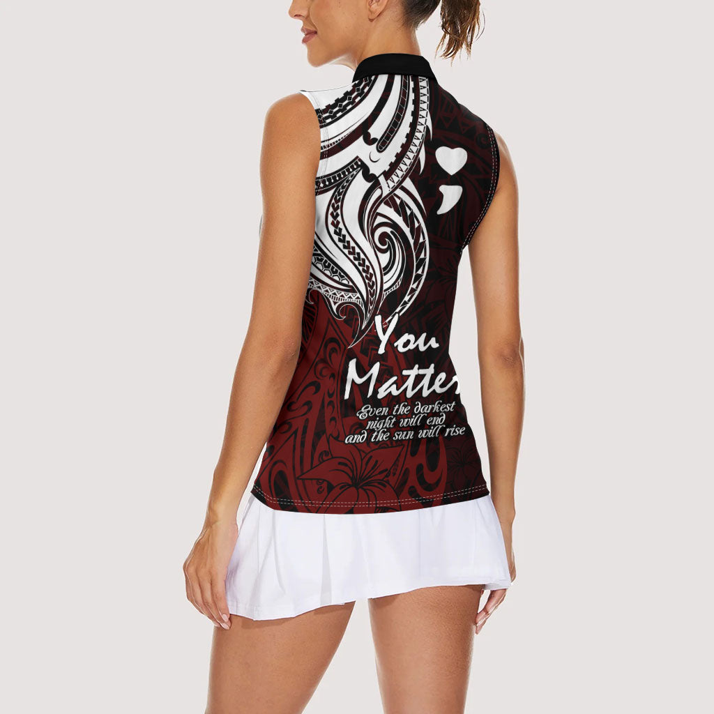 You Matter Suicide Prevention Support Women Sleeveless Polo Shirt Red Polynesian Tribal