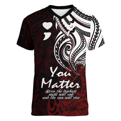 You Matter Suicide Prevention Support Women V-Neck T-Shirt Red Polynesian Tribal