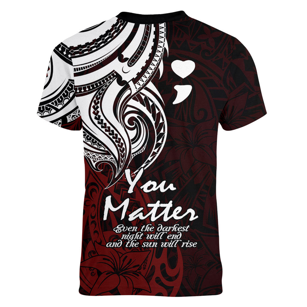 You Matter Suicide Prevention Support Women V-Neck T-Shirt Red Polynesian Tribal