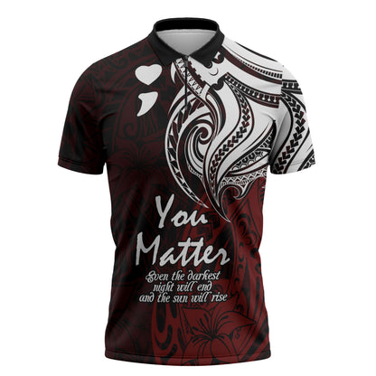 You Matter Suicide Prevention Support Zipper Polo Shirt Red Polynesian Tribal