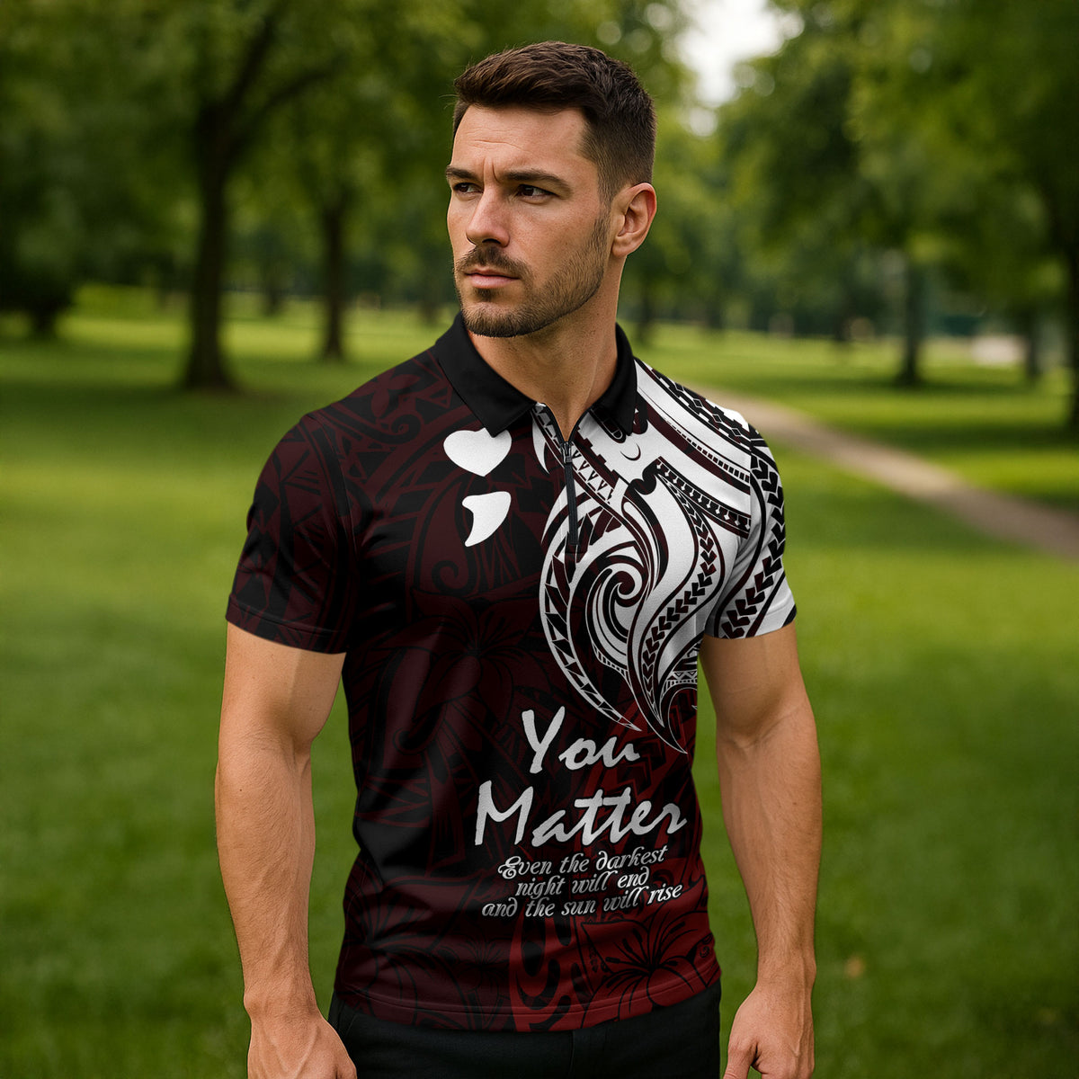 You Matter Suicide Prevention Support Zipper Polo Shirt Red Polynesian Tribal