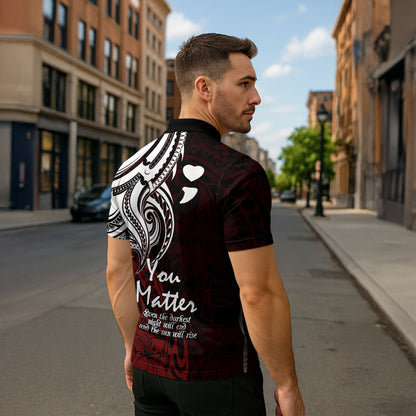You Matter Suicide Prevention Support Zipper Polo Shirt Red Polynesian Tribal