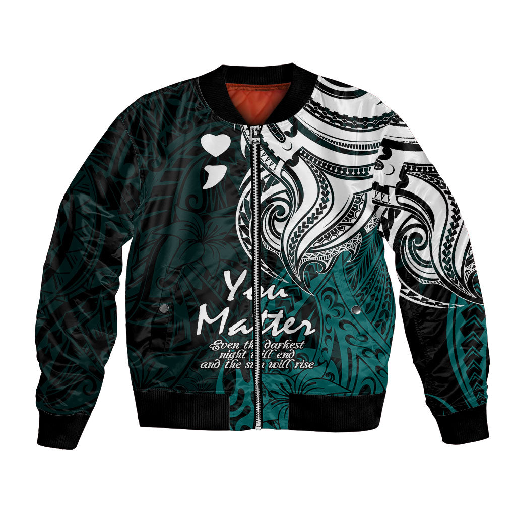 You Matter Suicide Prevention Support Bomber Jacket Turquoise Polynesian Tribal