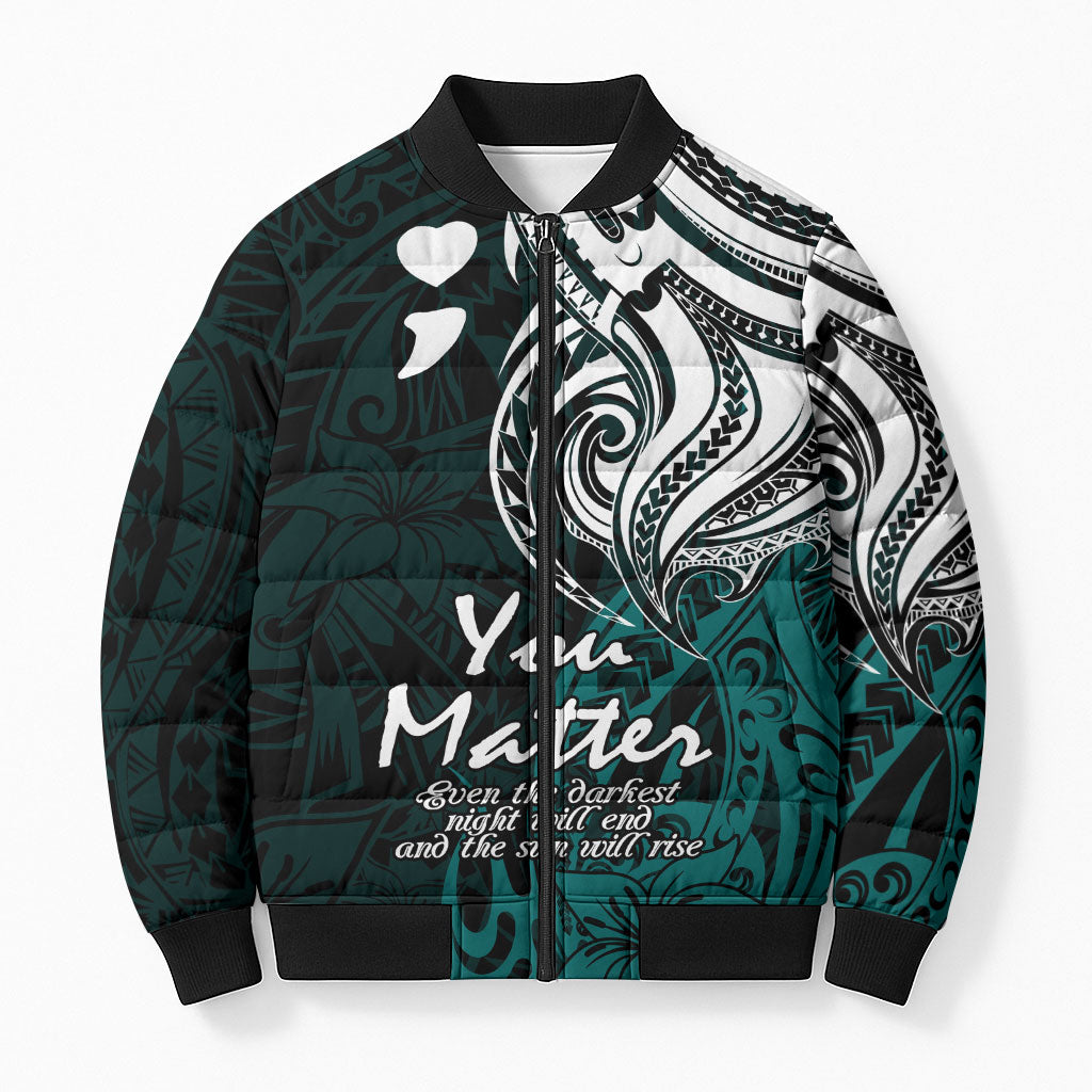 You Matter Suicide Prevention Support Bomber Puffer Jacket Turquoise Polynesian Tribal