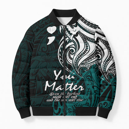 You Matter Suicide Prevention Support Bomber Puffer Jacket Turquoise Polynesian Tribal