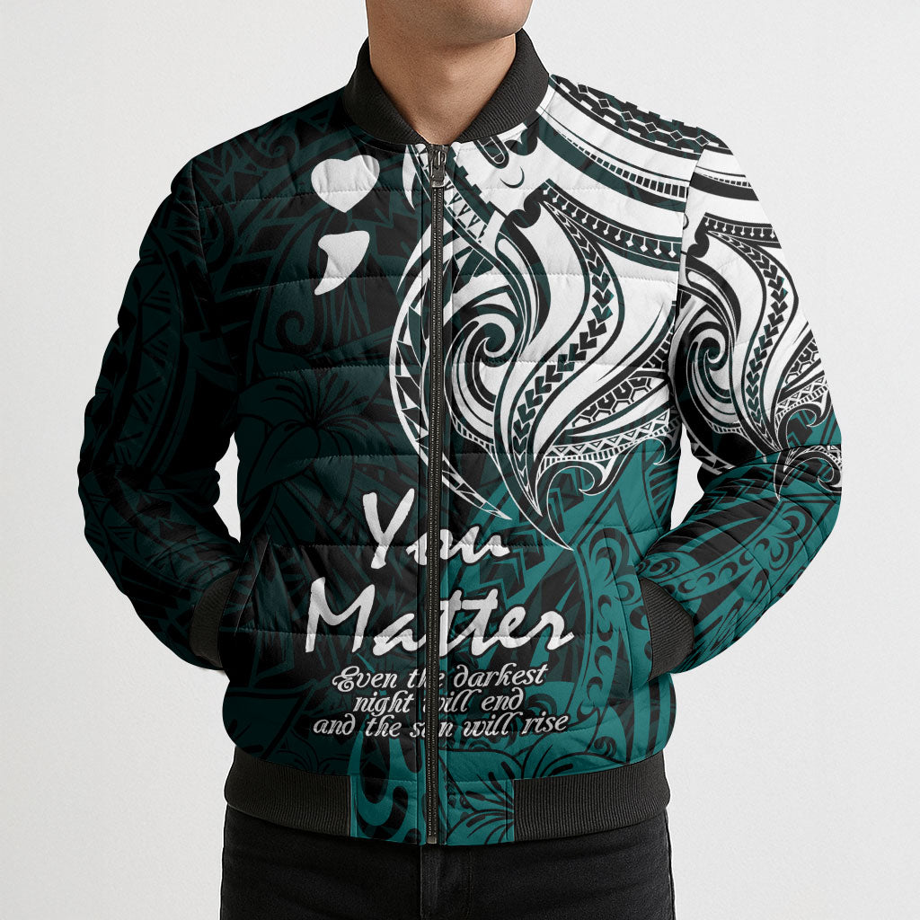 You Matter Suicide Prevention Support Bomber Puffer Jacket Turquoise Polynesian Tribal