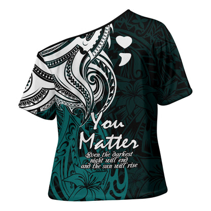 You Matter Suicide Prevention Support Cross Shoulder Shirt Turquoise Polynesian Tribal