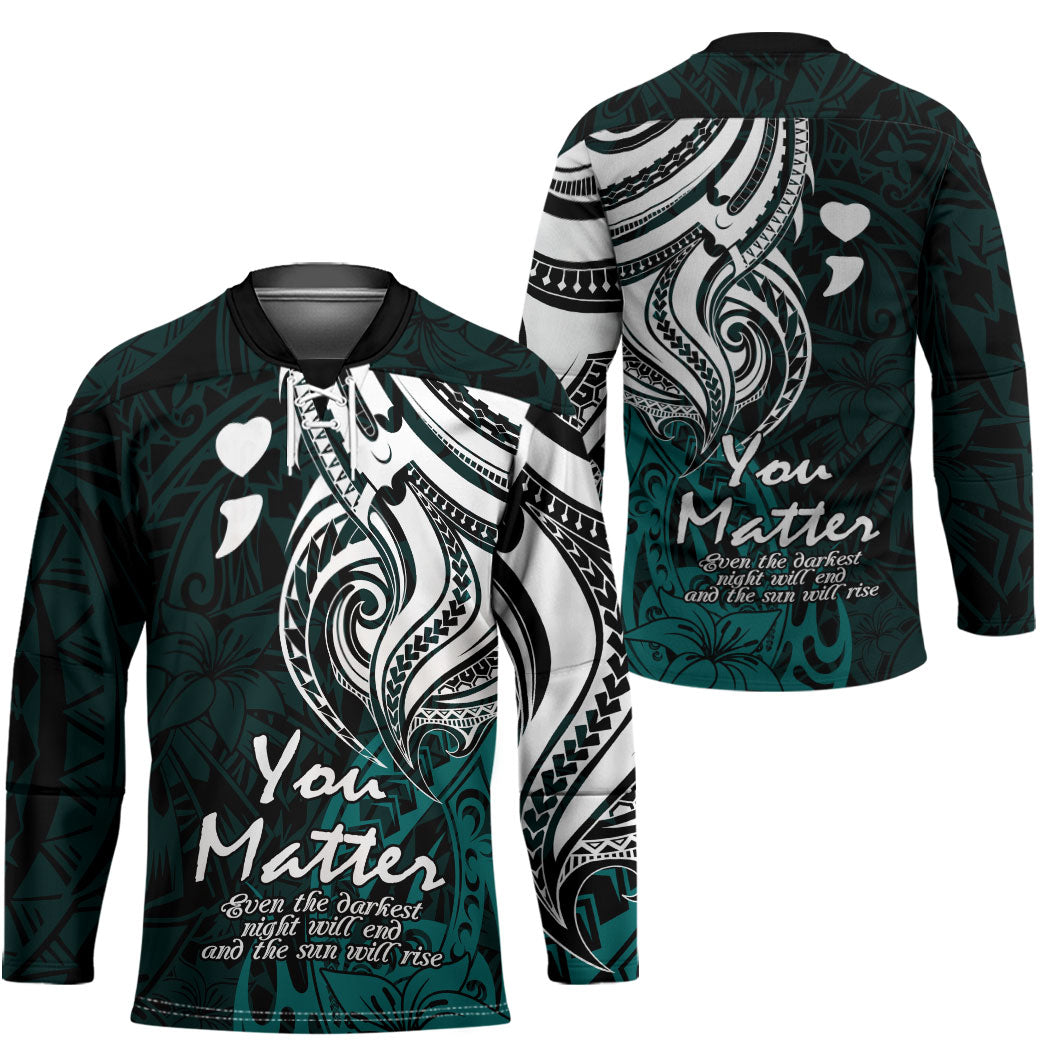 You Matter Suicide Prevention Support Hockey Jersey Turquoise Polynesian Tribal