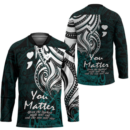 You Matter Suicide Prevention Support Hockey Jersey Turquoise Polynesian Tribal