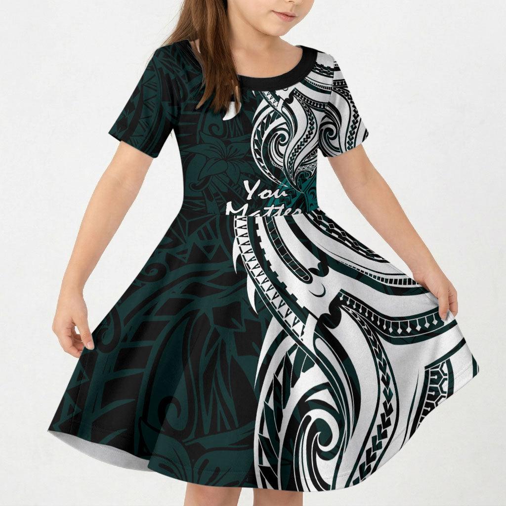 You Matter Suicide Prevention Support Kid Short Sleeve Dress Turquoise Polynesian Tribal