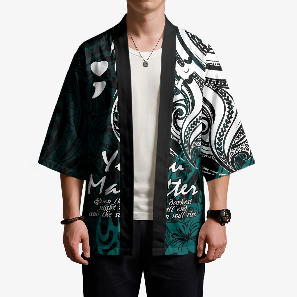 You Matter Suicide Prevention Support Kimono Turquoise Polynesian Tribal