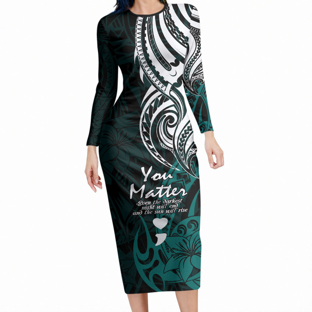 You Matter Suicide Prevention Support Long Sleeve Bodycon Dress Turquoise Polynesian Tribal