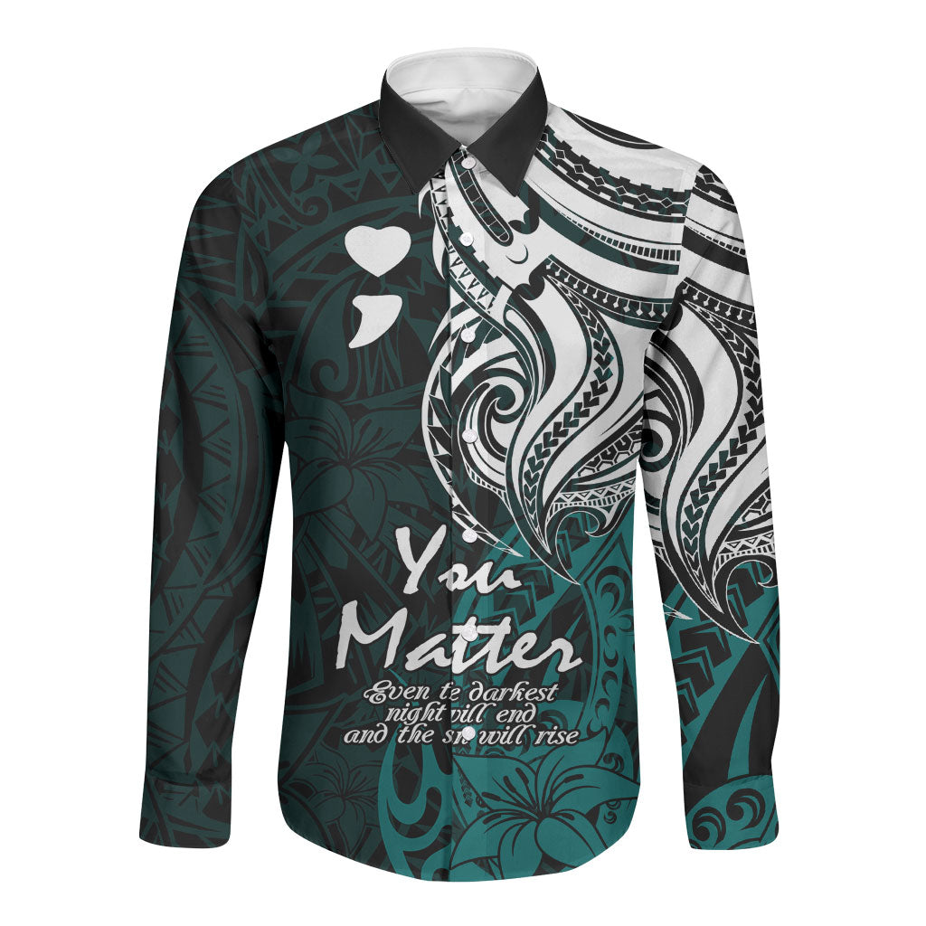 You Matter Suicide Prevention Support Long Sleeve Button Shirt Turquoise Polynesian Tribal